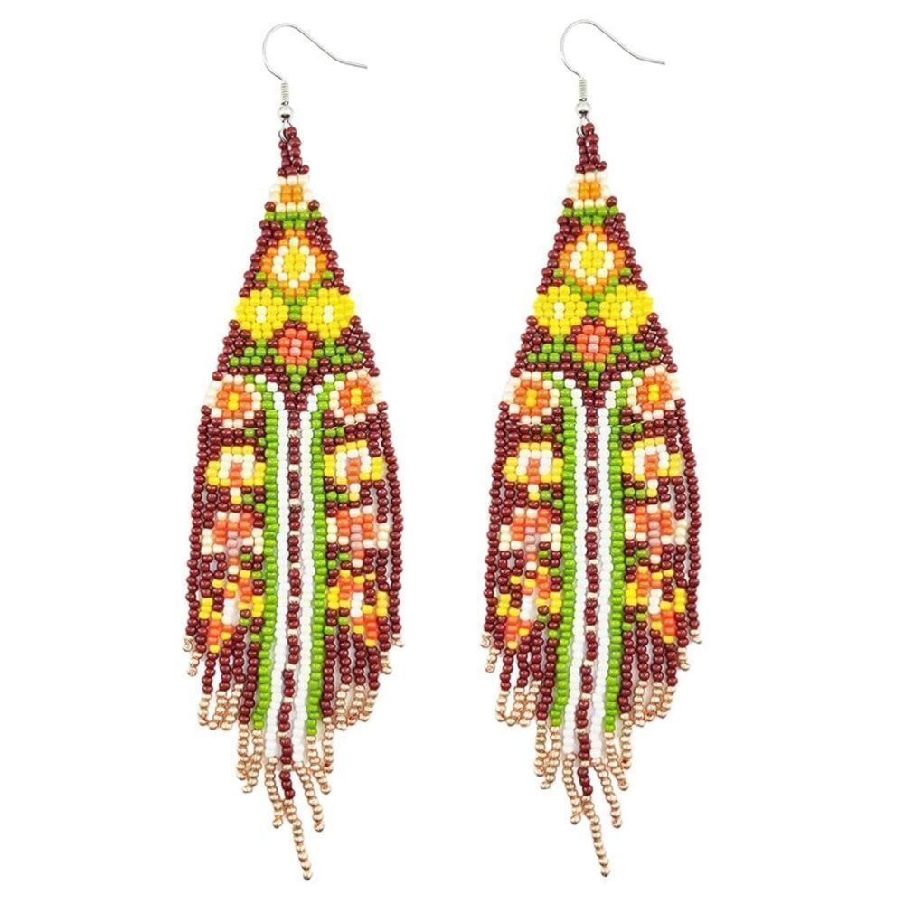 Flower Bohemian Seed Bead Tassel Dangling Statement French Wire Hook Earrings
